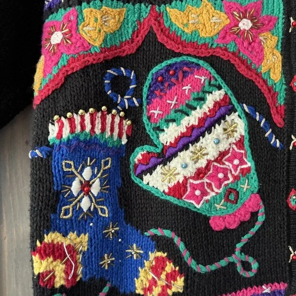 Vintage Belle Pointe Ugly Christmas Sweater Beaded Embroidered Colorful Sz Small - Picture 5 of 16